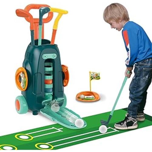 Toddler Golf Clubs - Upgraded Kids Golf Clubs with 5 Balls, 3 Golf Sticks, 2 Practice Holes and a Putting Mat - Indoor and Outdoor Golf Toys for Boys and Girl Aged 3-12 Years Old(Green)