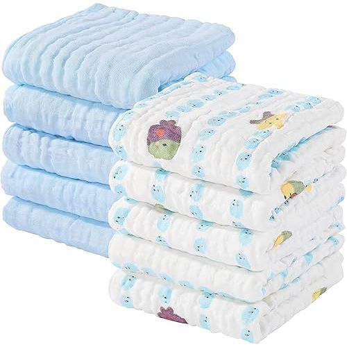 Yoofoss Muslin Baby Washcloths 100% Cotton Face Towels 10 Pack Wash Cloths for Baby 12x12in Soft and Absorbent Baby Wipes (Multicolor)