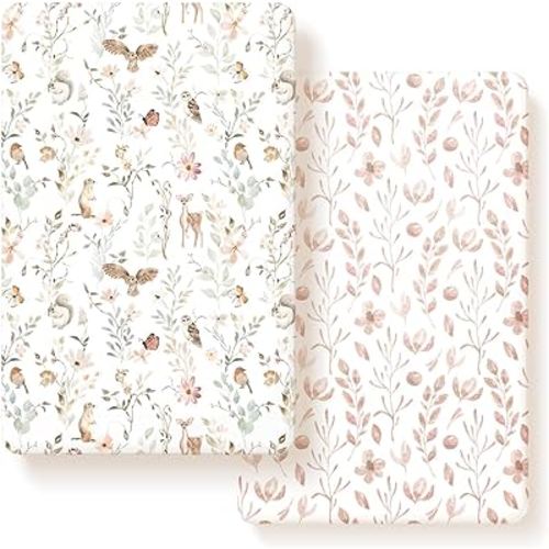 Pack n Play Sheets FItted 2 Pack, Stretchy Ultra Soft Jersey Knit Pack and Play Sheets, Universal Fitted Portable/Mini Crib Mattresses Snug and Safe, Beautiful Blush Pink Floral and Cute Animals Print