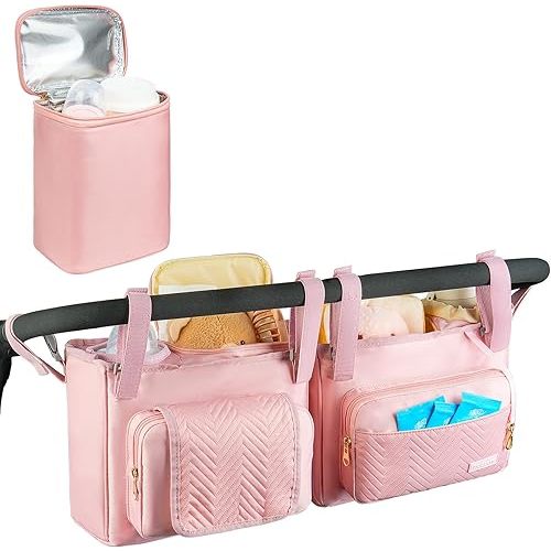 Double Stroller Organizer Compatible with Bob Duallie and Baby Jogger City Mini Gt2,Double Stroller Caddy with Cooler Bag and Cup Holder (Pink)
