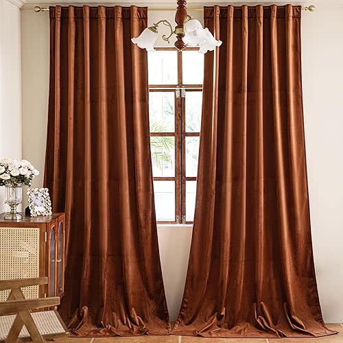 84 inches 2 Panels, Burnt Orange Blackout Luxury Velvet Curtains Thermal Insulated Heat Block Soundproof Window Panels Soft Drapes for Bedroom Living Room, Rod Pocket & Back Tab, W52 x L84
