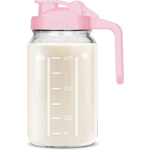 Mason Jar Pitcher, 32 OZ Breast Milk Pitcher Double Leak Proof with Pour Spout Handle, Wide Mouth Iced Tea Pitcher for Fridge, Creamer Container for Coffee, Sun Tea juice (Pink,1 Pack)