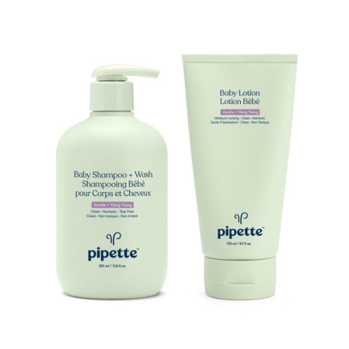 Pipette Vanilla + Ylang Ylang Baby Shampoo + Wash and Baby Lotion Duo, Clean, Tear-Free Bath Time, Sulfate-Free, Paraben-Free, Silicone-Free, Sensitive Skin, Hypoallergenic, Non-Toxic