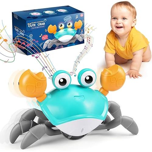 Crawling Crab Baby Toy, Exssary Tummy Time Baby Toys 6-12 Months 1 2 3 Year Old Boy Girl Gifts Sensory Toys for Babies Toddler Christmas Birthday Gifts Walking Crab Adjustable Speed & Sound Green