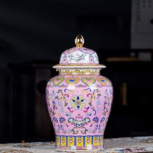 Decorative Floral Ceramic Ginger Jar for Home Decor, Modern Chinese Gold Accent Enamel Porcelain Jar Vase with Lid, Qing Style Small Storage Jar for Loose, Jingdezhen (Color : Pink)