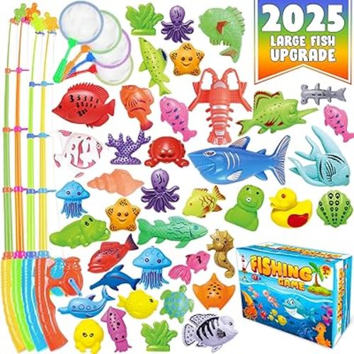 CozyBomB™ Magnetic Fishing Toys Game Set for Kids | Water Table Bathtub Kiddie Pool Party & Pole Rod Net, Plastic Floating Fish Toddler Color Ocean Sea Animals Birthday Age 3 4 5 6 Year