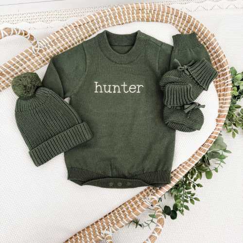 Newborn Cotton Name Romper, Embroidered Baby Name, Knit Baby Outfit, Personalized Gift, Baby Name Romper, Baby Hat and Boots, Newborn Set