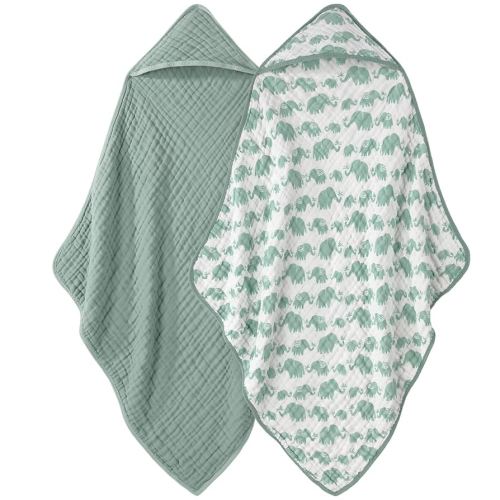 Looxii Hooded Baby Towel Muslin Cotton 2 Pack Baby Bath Towel with Hood for Newborns 32x32 Inches Green