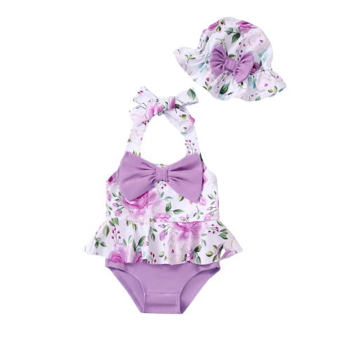 KIMI BEAR Newborn Baby Girls One-piece Swimsuits 6-12 Months Summer Bathing Suits Off the Shoulder Sleeveless Halter Bow Floral Beach Wear Holiday Rash Guard with Headband 2pcs Purple