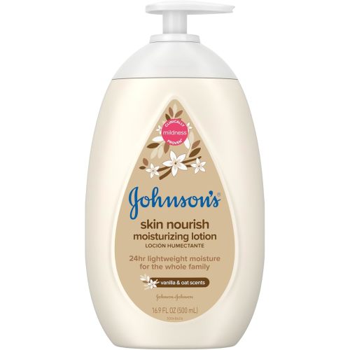 Johnson's Baby Skin Nourish Moisturizing Baby Lotion for Dry Skin with Vanilla & Oat Scents, Gentle & Lightweight Body Lotion for The Whole Family, Hypoallergenic, Dye-Free, 16.9 fl. oz