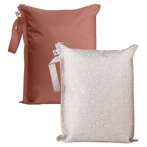 Tiny Twinkle Mess proof Waterproof Wet Dry Bag | 2-Pack Resuable Wet Bags for Swimsuits & Baby Clothes | Leakproof Wet Bag for Travel & Diaper Changes for Baby (Zen Garden,Taupe)