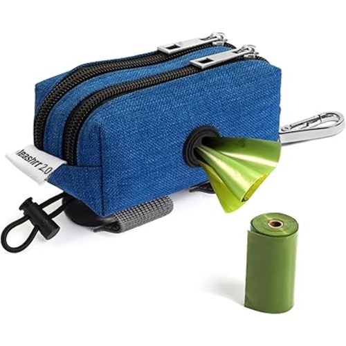 Dog Poop Bag Holder for Leashes - Dog Poop Bag Dispenser and Treat Holder with 2 Waterproof Pouches for Pet Waste Bags and Walking Accessories + 1 Free Roll - Leashrr 2.0 (Blue)