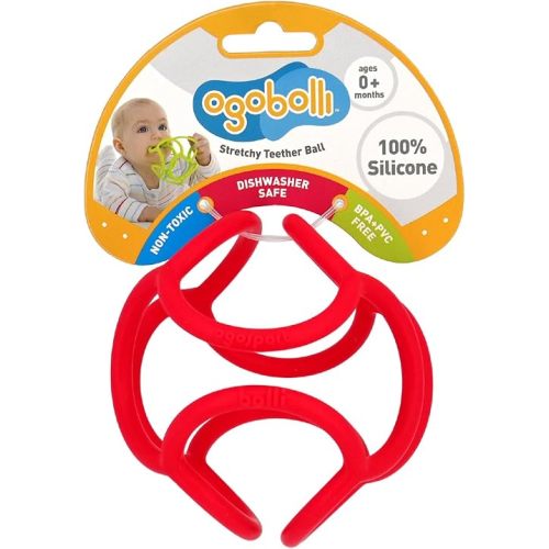 OgoBolli Teether Ring Tactile Sensory Ball Toy for Babies & Toddlers - Stretchy, Squishy, Soft, Non-Toxic Silicone - Boys and Girls Age 6+ Months - Red