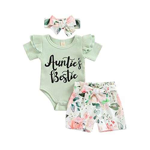 Newborn Baby Girl Auntie Outfits Auntie's Bestie Short Sleeve Ribbed Romper Floral Shorts Clothes with Headband