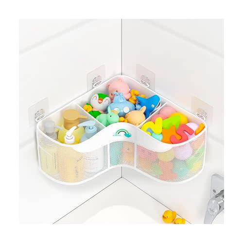 Austion 3-Compartment Corner Bath Toy Storage Organizer for Tub - Wide-Opening Mesh Kids Bath Toy Holder with Easy Sorting & Storage, Quick-Drying Machine-Washable Bathroom Organizer for Tidy Bathtub