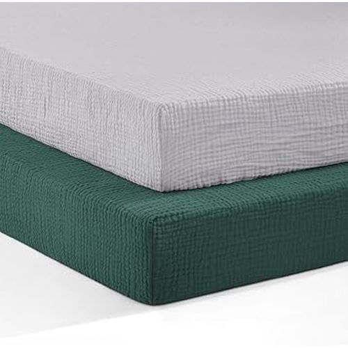 Pro Goleem Muslin Pack n Play Sheets for Boys and Girls, Soft Breathable Cotton Fitted Mini Crib Sheets, Neutral Baby Sheets for Playard Mattress, 2 Pack (Grey&Green)