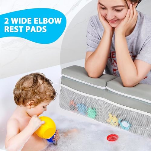 Tiikiy Comfortable Bath Kneeler and Elbow Rest Pad Set for Baby Shower Time Parents, Bathtub Kneeling Pad Painless Memory Foam Mat with Bath Toys Organizer Pockets Quick Drying -Green Gray