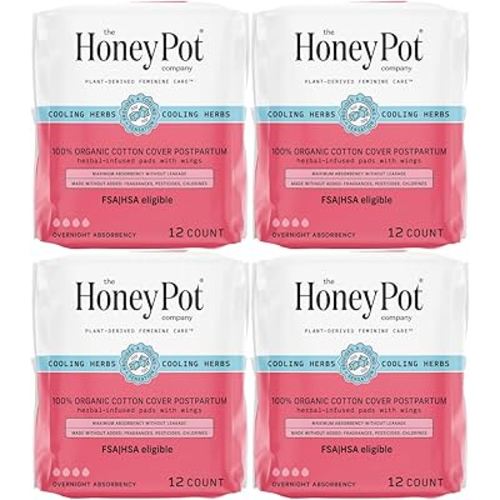 The Honey Pot Company - 48ct - Herbal Postpartum Pads w/Wings - Infused w/Essential Oils for Cooling Effect, Organic Cotton Cover, & Ultra-Absorbent