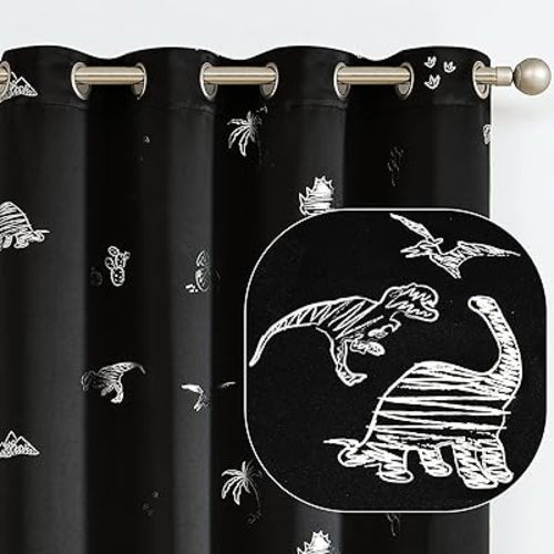 Vangao Kids Curtains Black Blackout Dinosaur Curtains for Boys Kids Nursery Girls Room Silver Dino Foil Print Thermal Insulated Drapes Grommet Top Window Treatments 63 Inches Length 2 Panels