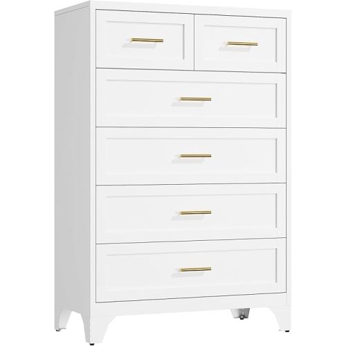 White Dresser for Bedroom with 6 Drawers Chest, Metal Modern Clothes Drawer, Tall Dresser for Girls Room,Living Room,Hallway,Closet (White)