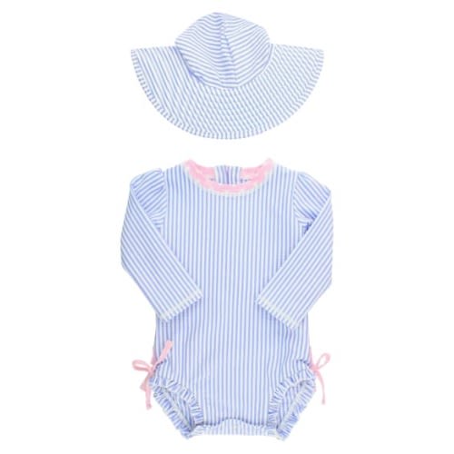 Seersucker One-Piece Rashguard Swimsuit & Hat Set