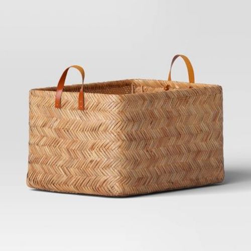 Large Herringbone Weave Basket - Threshold™: Spacious Rattan Storage, Faux-leather Handles, Multicolored Decorative Organizer