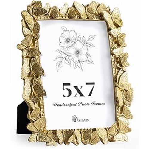 Axeman 5x7 Vintage Picture Frame with High Tempered Glass, Butterfly Textured Hand-Crafted Resin Antique Ornate Photo Frame with Easel & Hook for Tabletop & Wall Display, Gold