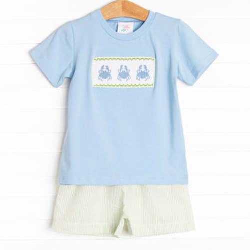 Seaside Shuffle Smocked Short Set, Green Seersucker – Stitchy Fish