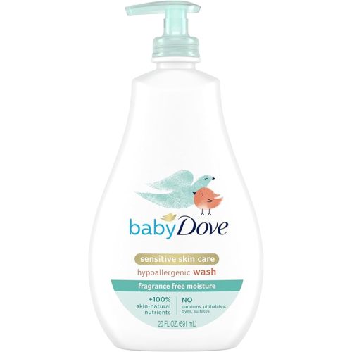 Baby Dove Sensitive Skin Care Baby Wash For Bath Time, Moisture Fragrance Free and Hypoallergenic, Washes Away Bacteria 20 oz