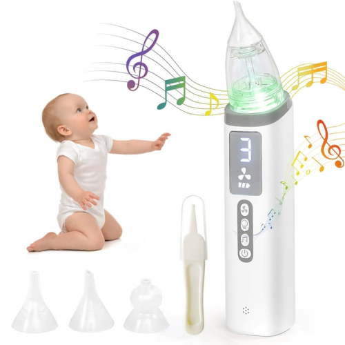 Electric Nasal Aspirator for Baby with 3 Silicone Tips, Adjustable Suction, Music & Light – Grey