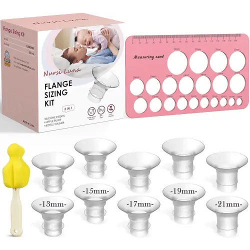 Flange Sizing Kit 3 in 1 Ultimate with 10PCS Flange Inserts 13/15/17/19/21mm, Nipple Ruler, Cleaning Brush, Silicone Flanges Insert Kit for 24mm Most Pumps, Pumping Breastfeeding Essentials