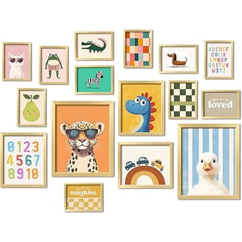 16 PCS Nursery Wall Art Decor, Baby Girl & Boy Nursery Decor, Kids Toddler Room Bedroom Playroom Decor, Cute Colorful Animal Eclectic Gallery Wall Prints