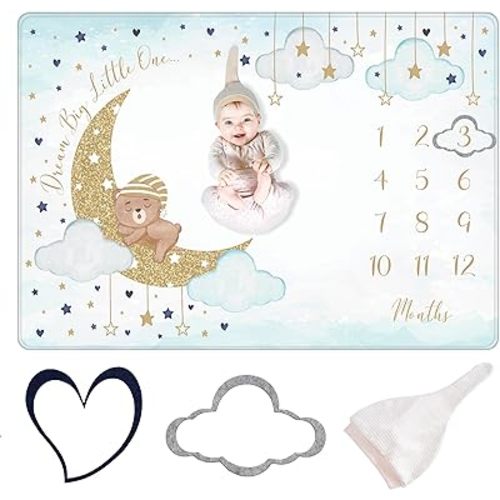 Baby Monthly Milestone Blanket Boy and Girl - Premium Extra Soft Fleece Blanket for Baby Shower - Milestone Blanket Baby Boy and Girl Nursery Decor - Capture Baby Growth - with Baby Hat + 2 Frames