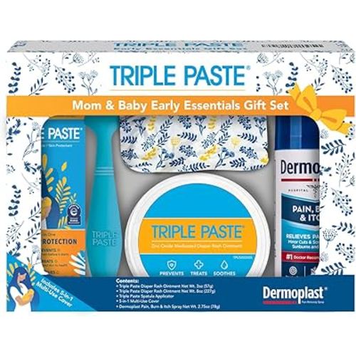 Triple Paste Mom & Baby Early Essentials Gift Set with 5 Items, Diaper Rash Ointment 8oz Jar & 2oz Tube, Spatula Applicator, Dermoplast Spray, and Multi-Use Cover, Shower Gifts for Moms