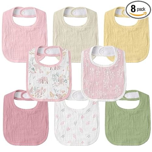 Baby Muslin Bibs 8 Pack, Drooling and Teething Bibs for Baby Girl, Absorbent, Soft Organic Cotton, Adjustable Bandana Bib for Newborn, Toddler, Infant 0-36 Months, Sweet Pink Elephant