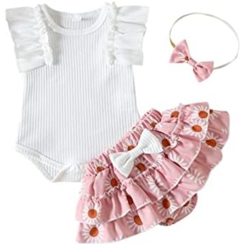 Baby Girl Clothes Summer Infant Floral Outfit Ruffle Sleeve Knitted Romper + Layered Bloomers Shorts + Headband