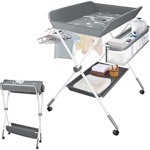 Baby Changing Table, Portable Folding Diaper Changing Station with Wheels, Adjustable Height Nursery Organizer with Safety Belt & Storage Basket & Hanging Rack for Newborn Baby and Infant (Gray)