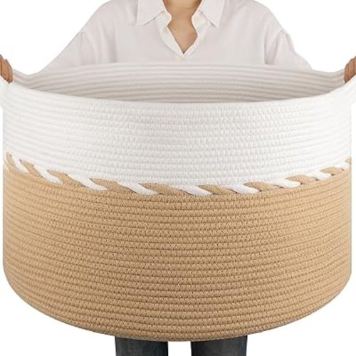 OIAHOMY 90L Blanket Basket for Living Room, Large Basket 23" x 23" x 13" with Handle, Laundry Hamper for Blankets, Pillows, Toy Storage for Kids, Dogs - Yellow & White