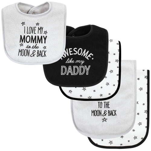 Hudson Baby Mom Dad Moon & Back Cotton Terry Bib & Burp Cloth Set, 12" x 12"