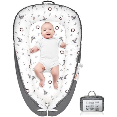 Baby Lounger for Newborn,Infant Lounger Baby Nest Cover for Babys,100% Cotton Breathable & Soft Baby Lounger Newborn Essentials for Baby 0-12 Months,Co Sleeper for Baby in Bed (Boat)