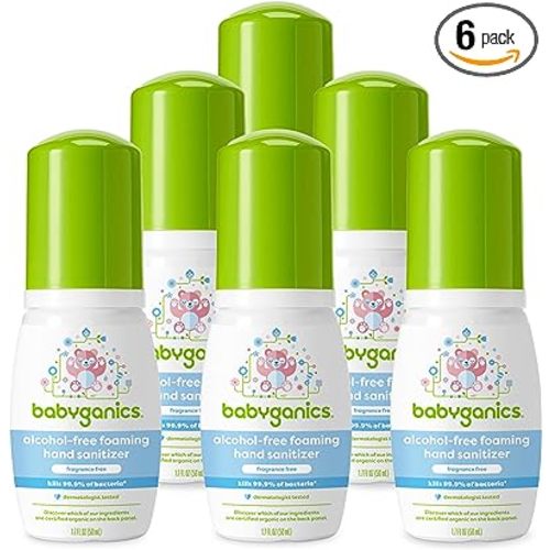 Babyganics Foaming Pump Hand Sanitizer, Alcohol Free, Travel Size, Fragrance Free, Kills 99.9% of Common Bacteria, Moisturizing, 1.69oz (Pack of 6) - 1.69 Fl Oz (Pack of 6)