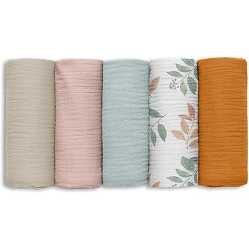 Muslin Receiving Blankets, Neutral Blanket Swaddling for Newborn Boys and Girls, 5 Pack Breathable and Skin-Friendly Swaddle Wrap for Infant Baby (Gentle Colors)
