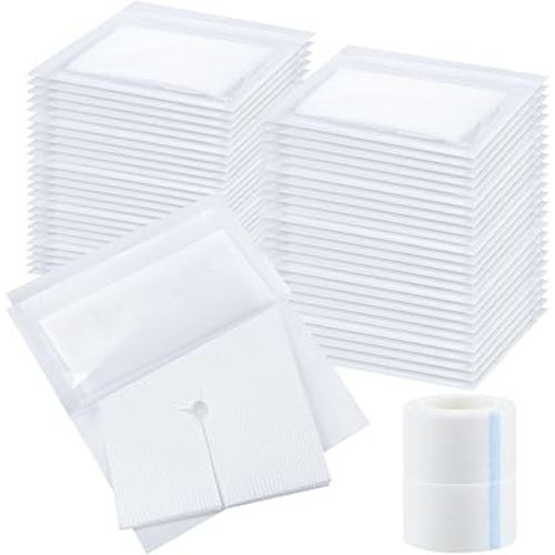 Timgle 200 Pcs 2" x 2" Split Gauze Pads 6 Ply Split Drain Sponge Gauze Non Woven Slit Bandage Sponges with 2 Roll of Tape for Wound Care Tubes Drains Supplies