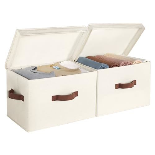 StorageWorks Fabric Storage Bins with lid, Decorative Boxes for Shelves, Closet Organizer Basket with Handles, Large, Ivory White, 2-Pack