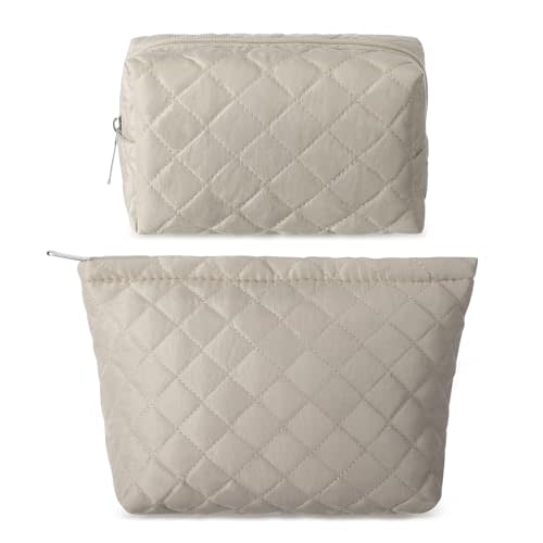 Huhumy 2 Pcs Quilted Makeup Bag Aesthetic Cosmetic Pouch for Women Puffer Travel Toiletry Bag Set Cotton Small Purse Pouch Pencil Case Makeup Organizer with Zipper(Khaki)