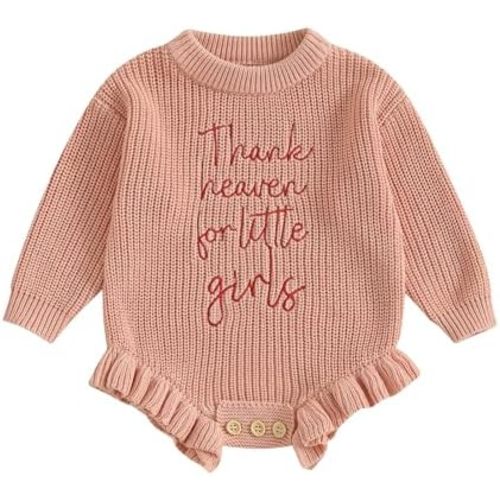 Gueuusu Baby Girl Sweater Romper Long Sleeve Thank Heaven for Little Girls Embroidery Bodysuit Newborn Winter Clothes