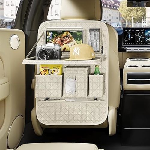 GMQ Seat Organizer 1 Pack, Car Backseat Organizer with Tray,Multifunctional Car Seat Back Storage Box Car Seat Back Storage with Foldable Tablet Holder (Beige)