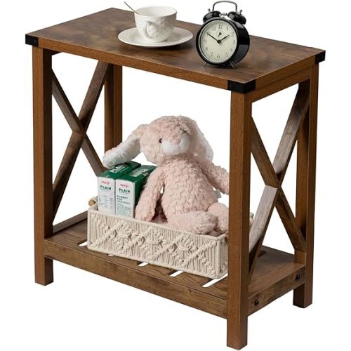 Hadulcet Farmhouse End Table, Narrow Side Table with Storage Shelf, Slim Bedside Table for Small Space, Rustic X-Design Nightstand Sofa Table for Living Room, Bedroom, Rustic Brown