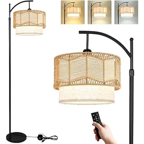 Floor Lamp for Living Room Bedroom with Remote Boho Rattan Standing Lamp Dimmable Black Farmhouse Wicker Bamboo Lamp Shade Arc Floor Light Adjustable Tall Lamp Industrial Floor Lamps Bohemian