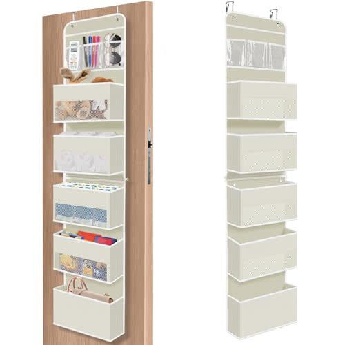 SpaceHacks 6-Tier Over The Door Organizer, Hanging Storage Organizer with Clear Window, 40lb Ultra Sturdy Large Capacity Room Organizer for Pantry Bathroom Nursery Closet Baby Essential (Beige)